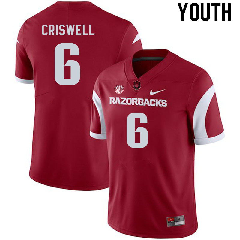Youth #6 Jacolby Criswell Arkansas Razorback College Football Jerseys Stitched Sale-Cardinal - Click Image to Close